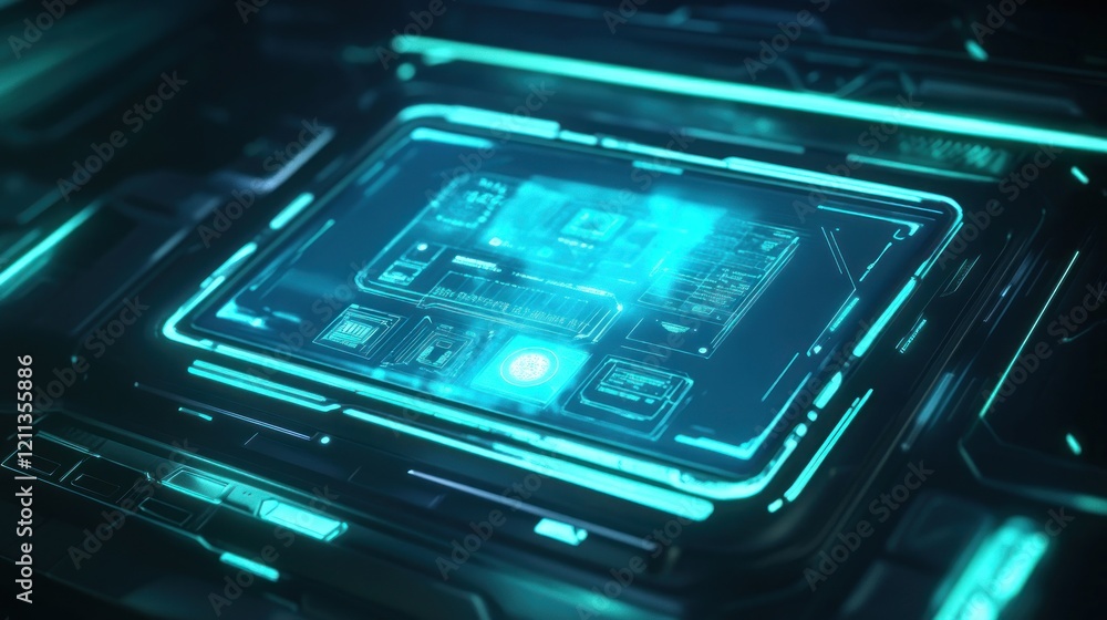 Poster futuristic tech interface: glowing cyan digital display