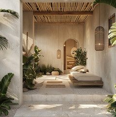 studio with an amazing entrance, plants and zen feeling, but cozy as well, beige, white and light wood tones
