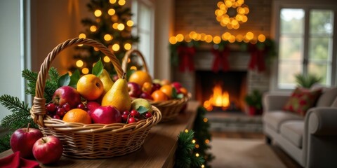 A Festive Arrangement of Apples, Pears, and Oranges in Rustic Wicker Baskets Near a Cozy Fireplace with a Christmas Tree in the Background