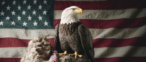 Naklejka premium Majestic Bald Eagle on Rock American Flag Background