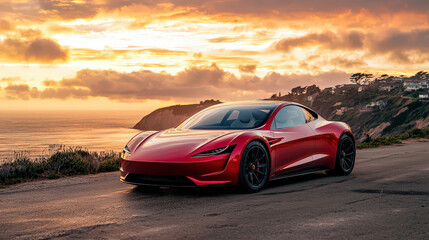 Sleek red sports car parked on a coastal road during sunset, showcasing the dramatic backdrop