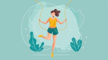 Cheerful Girl Jumping with Skipping Rope Flat Vector Illustration