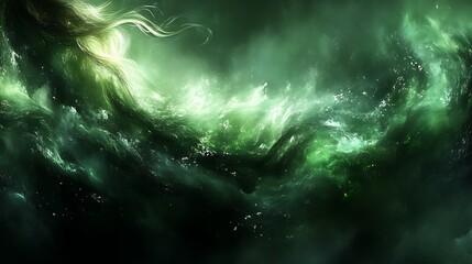 Fototapeta premium Abstract Green Nebula with Blonde Hair Swirls