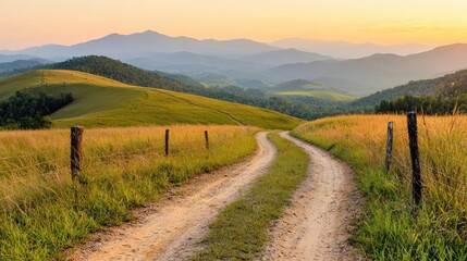 Winding dirt road through grassy hills at sunset, scenic mountain view, travel photography