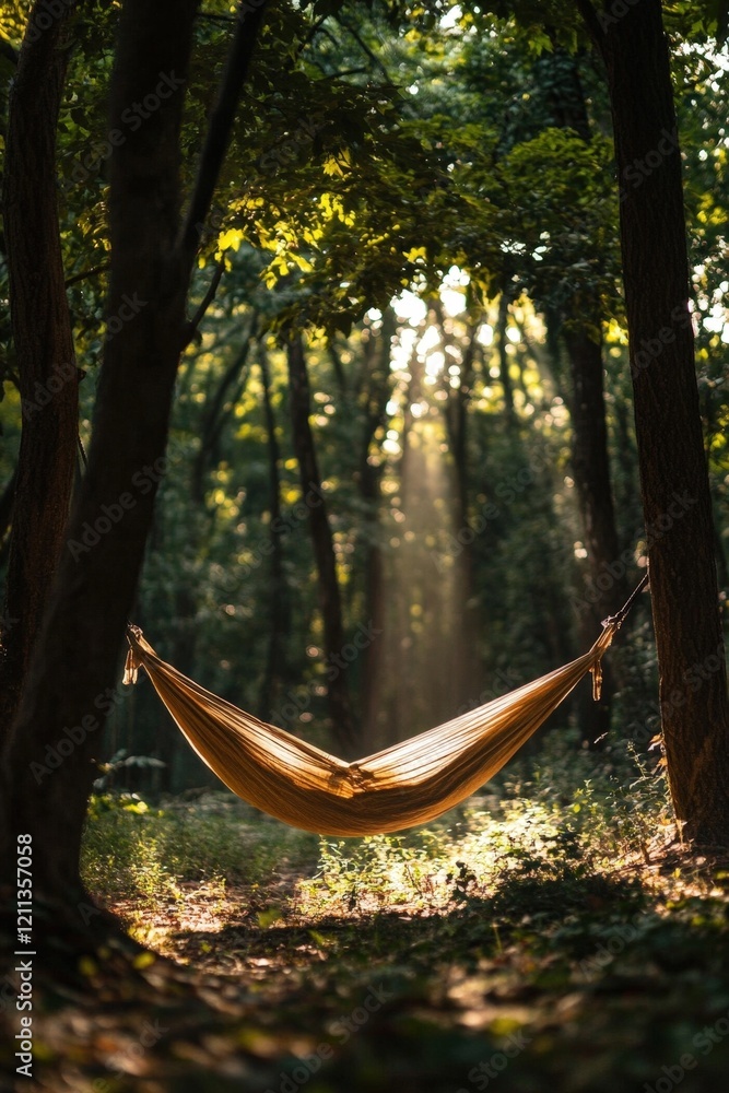Poster a dynamic shot of a hammock gently swinging in a forest, with dappled sunlight filtering through the
