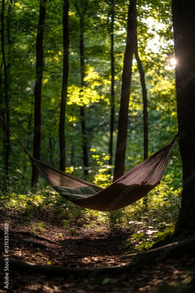 Poster a dynamic shot of a hammock gently swinging in a forest, with dappled sunlight filtering through the