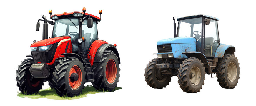 Fototapeta Two tractors showcasing distinct designs: a modern red tractor and a classic blue tractor on a grassy setting.