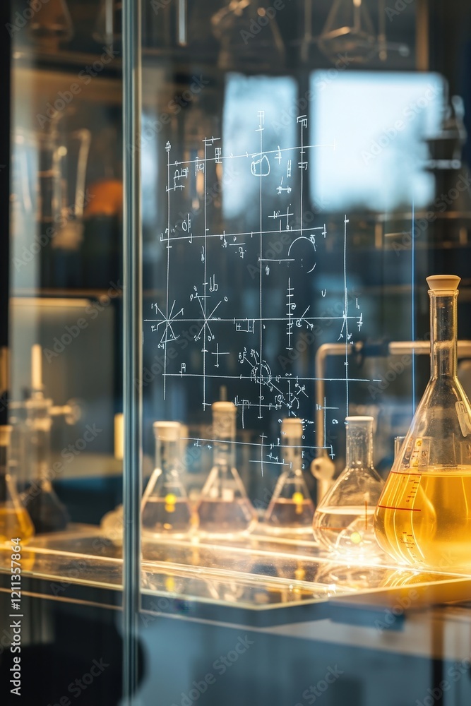 Poster a dynamic shot of a laboratory setup with chemical equations and symbols written on a transparent gl