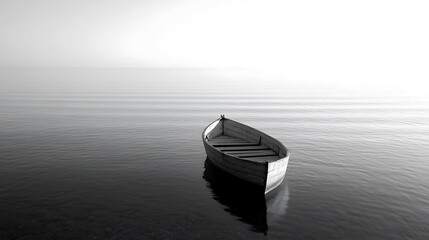 A minimalist photograph captures the tranquility of a lone boat floating on a calm lake. The image's simplicity emphasizes the stillness of the water and the sense of quietude. The photograph 