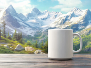 White ceramic mug rustic wooden breathtaking mountain view serene alpine landscape clear sky natural scenery outdoor lifestyle branding visual drink cozy calm vista blank mockup camping lake cup