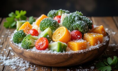 Colorful fruit and veggie bowl on wooden table