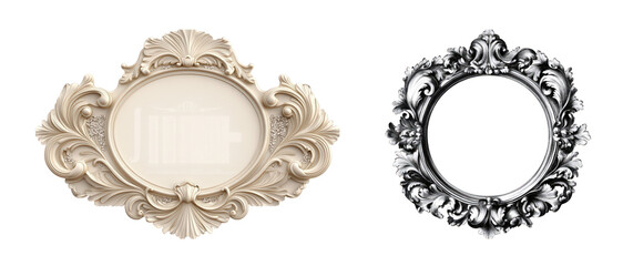 Two ornate picture frames, one beige and one black, showcasing intricate designs and empty interiors, ideal for displaying art.