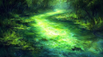 Obraz premium Tranquil green river flowing through a shaded forest during a serene morning light. Generative AI