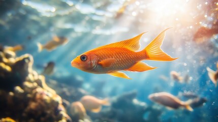 orange fish gliding through the ocean, their scales shimmering in the sunlight and creating a dynamic contrast with the marine environment
