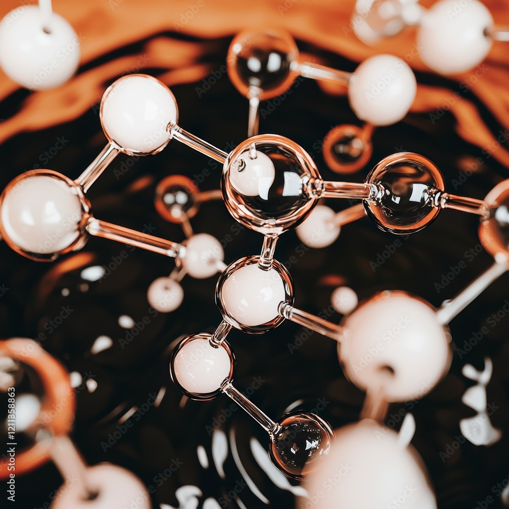 Poster microscopic molecular structure 3d render of glass atoms in aqueous solution