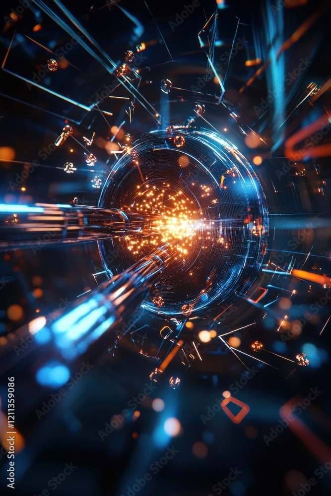 Poster a dynamic shot of a particle collider simulation with physics symbols like delta and lambda displaye