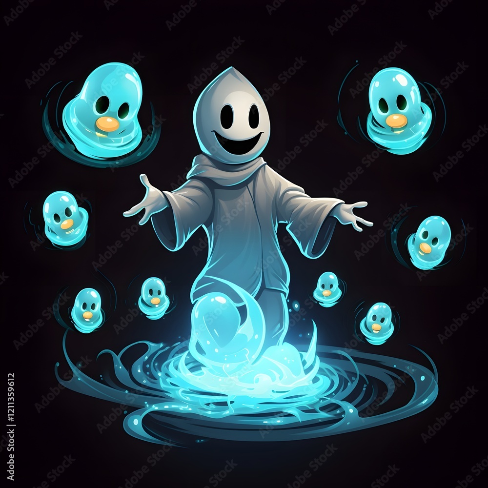 Poster a whimsical ghost cartoon character effortlessly juggling several glowing luminous orbs in a dark my