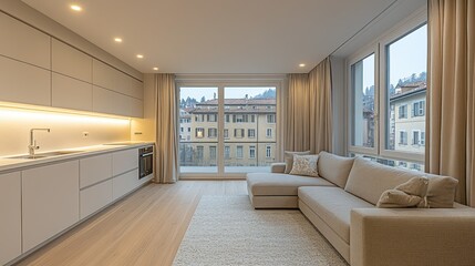 Modern Apartment Interior Design: Beige Sofa, City View