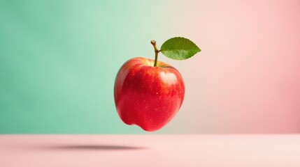 A Single Red Apple with a Green Leaf Hovers Gracefully Above a Soft Pink Surface Against a Pastel Green Background