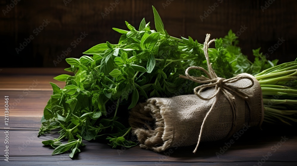 Poster close up of a bundle of fresh culinary herbs such as rosemary thyme and sage tied together with twin