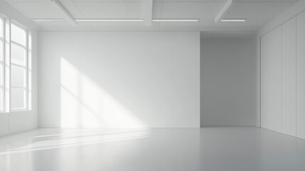 Fototapeta premium Modern white office interior with a blank mockup wall, minimalist design, bright natural lighting, and contemporary furnishings for professional business presentations or creative workspace concepts. 