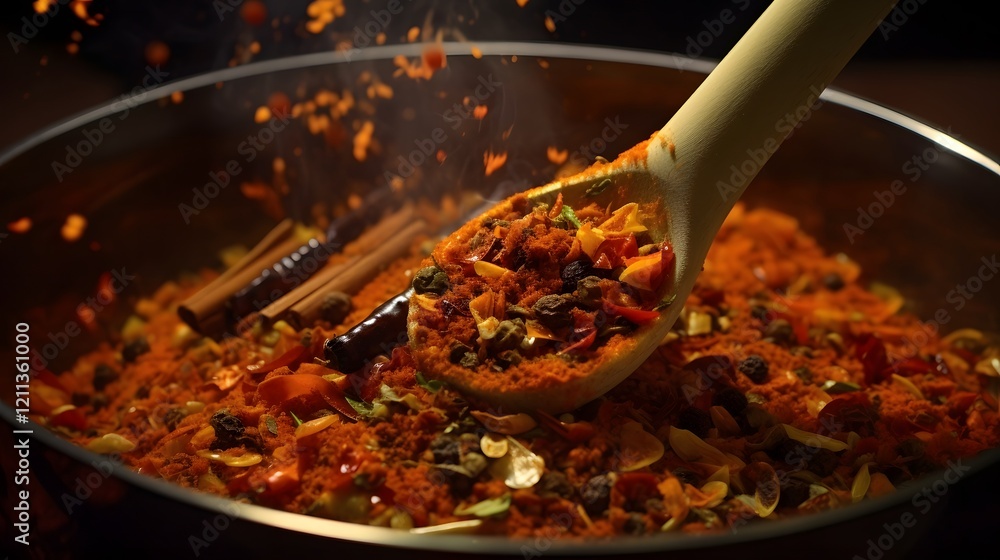 Poster closeup macro shot of an assortment of fragrant herbs and spices being stirred and mixed together in