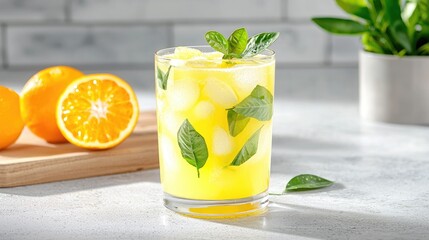 Fototapeta premium Refreshing orange mint drink on kitchen counter