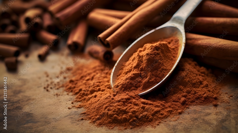 Poster close up shot of a teaspoon of ground cinnamon powder alongside several cinnamon sticks in a minimal