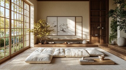 Cozy home interior in warm beige tones in japanese and scandinavian style