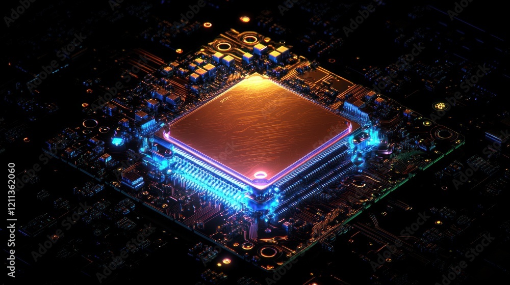 Poster illuminated microchip: a glowing core of technological advancement