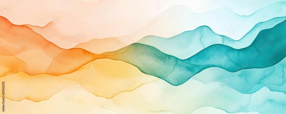 Poster Tropical watercolor idea. Abstract wave patterns in vibrant colors create a serene and modern background.
