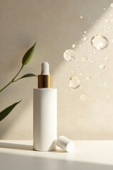 Elegant skincare serum bottle with gold cap and floating droplets in soft sunlight against a neutral backdrop