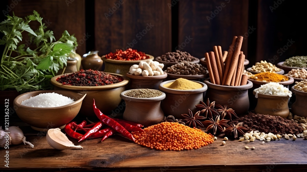 Poster a variety of colorful and fragrant spices artfully arranged on a rustic wooden table with a 16 9 asp