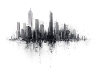 Obraz premium Abstract cityscape of towering buildings and geometric structures, white background, urban geometry, modern metropolis, vector graphic, simple animated design, abstract 