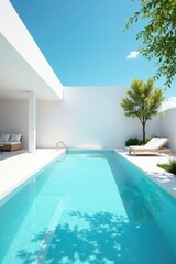 Fototapeta premium Serene Minimalist Poolside Relaxation Sun-Drenched Oasis with Pristine Water and Modern Architectural Design