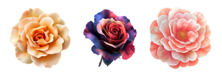 Three beautifully rendered flower illustrations in vibrant colors showcasing rose varieties and soft petals.