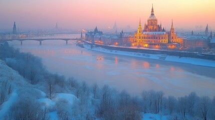 Obraz premium Winter Wonderland: Budapest's Majestic Parliament Building at Dawn