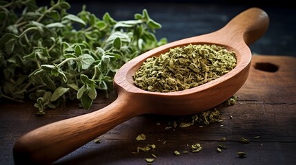 Closeup of a wooden kitchen spoon filled with dried oregano resting on a natural wooden cutting board or surface  Rustic culinary ingredient and seasoning for healthy cooking and meal