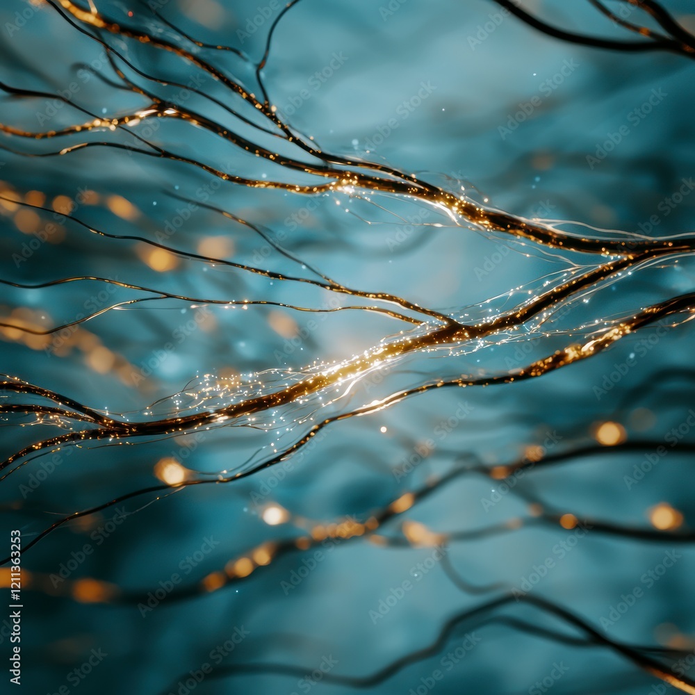 Aufkleber abstract neural network golden glowing wires tech background ai concept 3d render