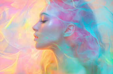 woman with colorful makeup and hairstyle, Dreamy Portrait of Woman with Ethereal Pastel Glow and Abstract Flowing Colors