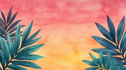 Obraz premium Tropical watercolor idea. Vibrant tropical leaves against a sunset watercolor background.