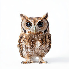 Obraz premium Adorable brown owl with large eyes, intricate feathers, and curious expression on a white background wildlife portrait