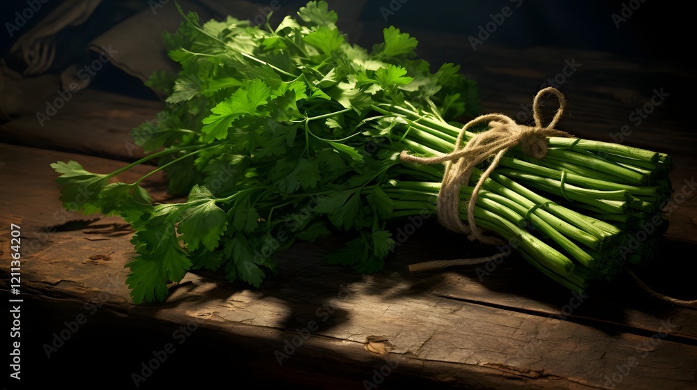 Poster a bundle of fresh green cilantro leaves neatly tied with a string laying on a flat natural backgroun