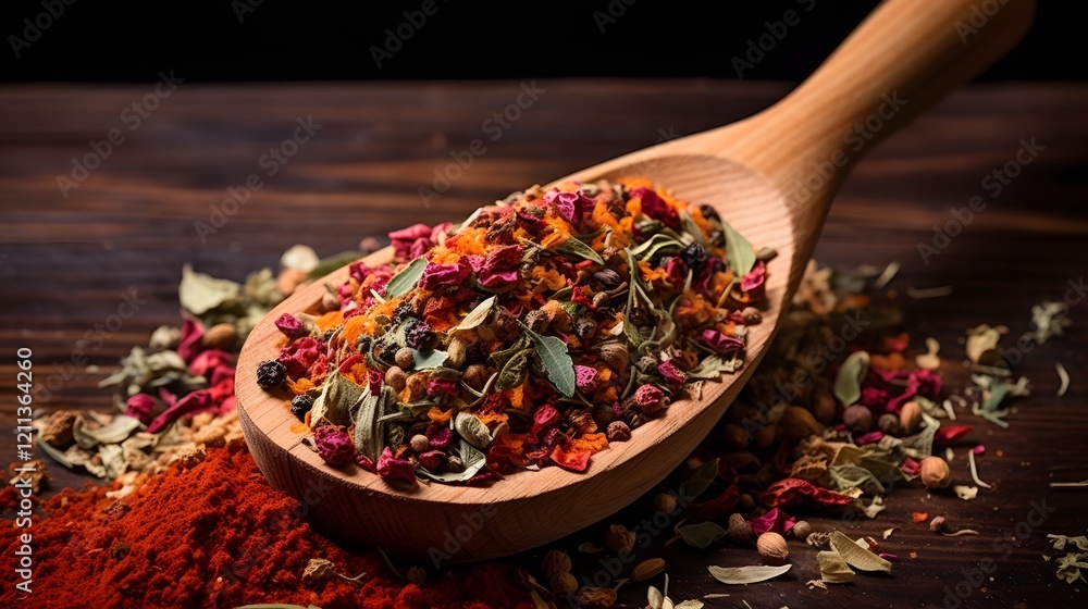 Poster a wooden scoop overflowing with an assortment of colorful fragrant spice blends creating a visually 