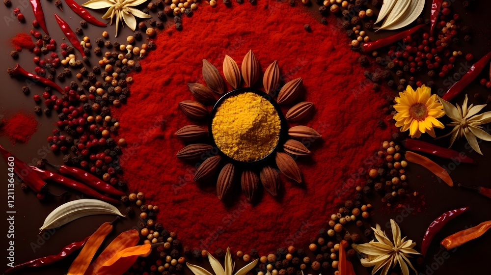 Poster decorative spice mix arranged in a vibrant symmetrical mandala pattern the colorful array of aromati