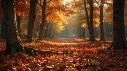 Magical Autumn Forest Path with Golden Sunlight and Mist V4