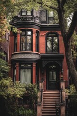 Fototapeta premium Victorian-style brownstone in a lush urban setting, showcasing intricate architectural details and greenery in the quiet neighborhood