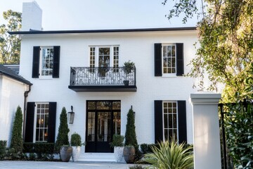 Nestled in a tranquil neighborhood, this stunning white house boasts elegant black shutters, a lovely balcony, and picturesque greenery, all bathed in bright sunshine