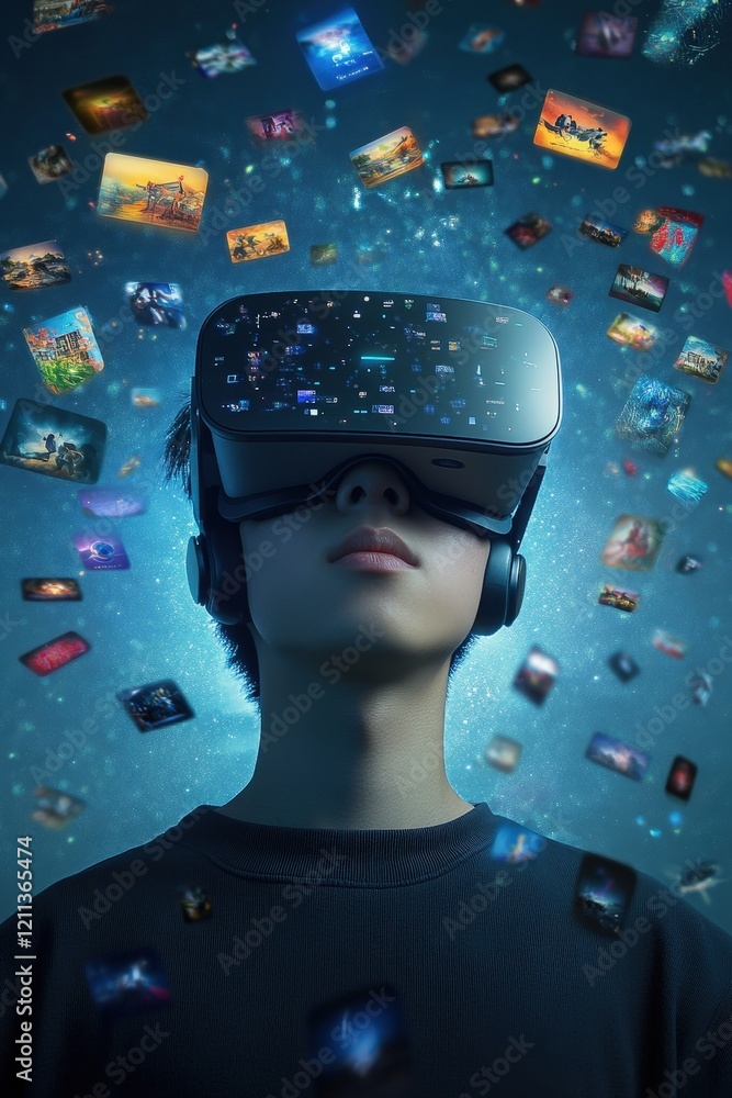 Poster a dynamic shot of a vr headset user, with virtual icons like games, movies, and settings floating in