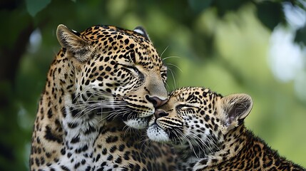 Obraz premium A mother and baby leopard are cuddling Love.